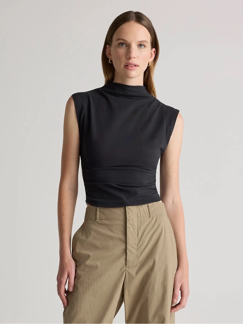 NWT QUINCE Stretch Cotton Jersey Sleeveless Mock Neck Top Medium Black 1037